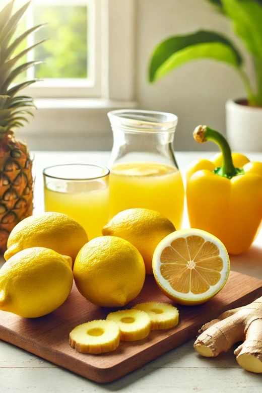 Fresh ingredients for Australian Gold Juice, including 4 lemons, 4 yellow bell peppers, 2 pineapples, and fresh ginger, neatly arranged on a light wooden surface with bright natural lighting.