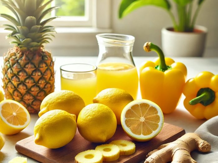 Fresh ingredients for Australian Gold Juice, including 4 lemons, 4 yellow bell peppers, 2 pineapples, and fresh ginger, neatly arranged on a light wooden surface with bright natural lighting.