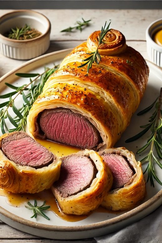 Golden, flaky puff pastry wrapped around tender, medium-rare beef, sliced to reveal its juicy interior. The Beef Wellington is presented on a white serving platter, garnished with fresh rosemary and accompanied by a small bowl of Dijon mustard, set on a light wooden table.