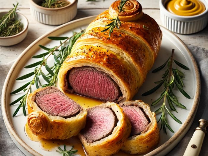 Golden, flaky puff pastry wrapped around tender, medium-rare beef, sliced to reveal its juicy interior. The Beef Wellington is presented on a white serving platter, garnished with fresh rosemary and accompanied by a small bowl of Dijon mustard, set on a light wooden table.