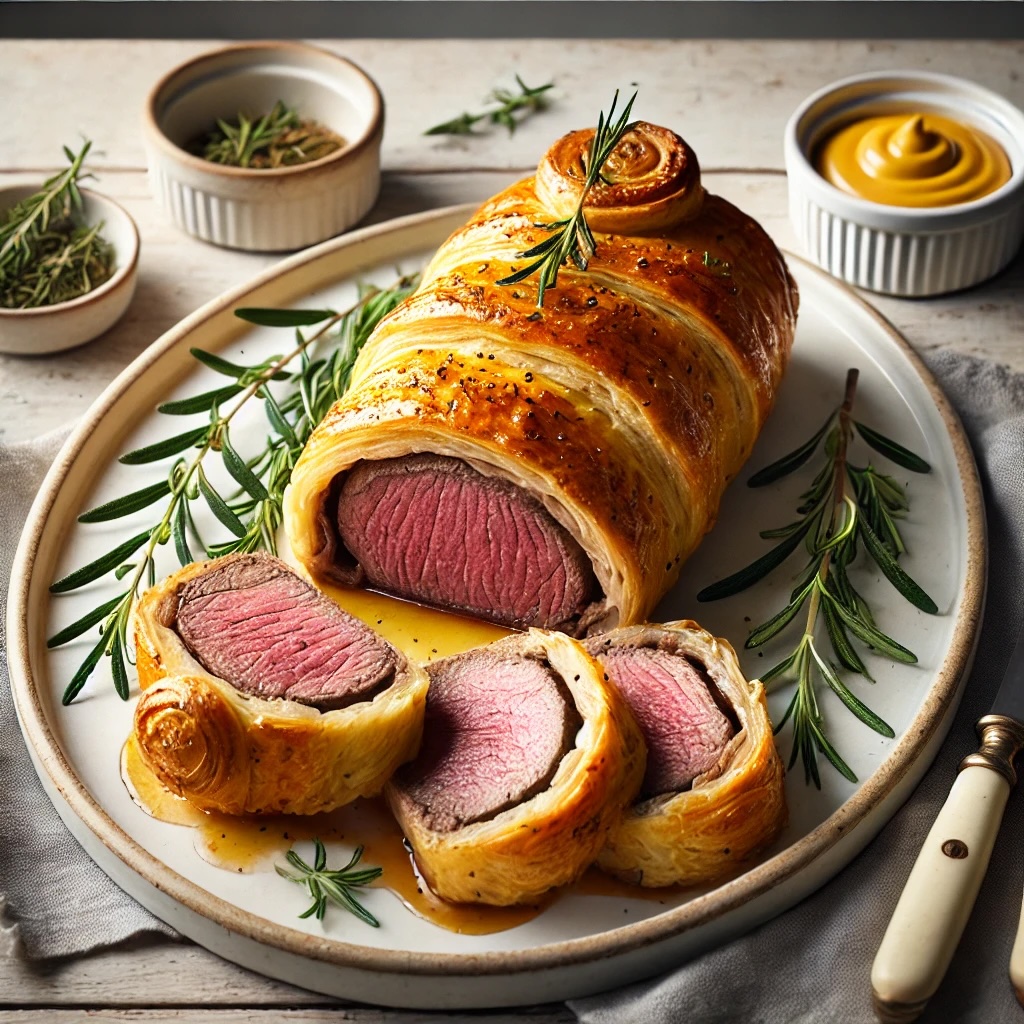 Golden, flaky puff pastry wrapped around tender, medium-rare beef, sliced to reveal its juicy interior. The Beef Wellington is presented on a white serving platter, garnished with fresh rosemary and accompanied by a small bowl of Dijon mustard, set on a light wooden table.