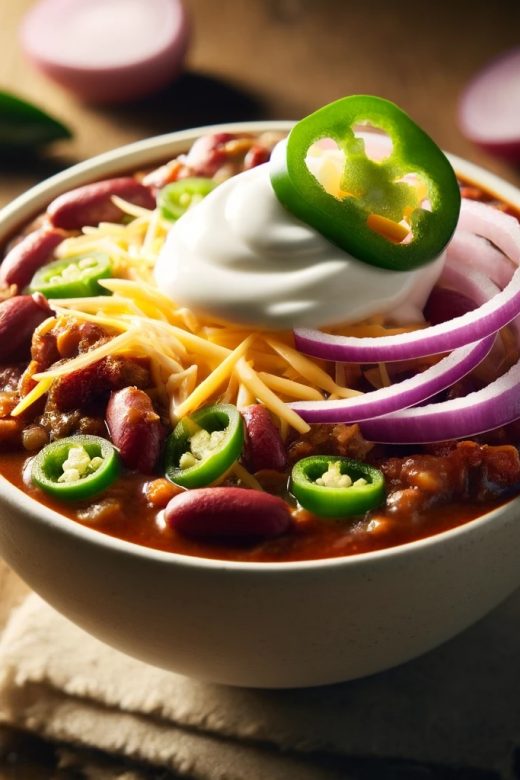 A close-up image of a hearty bowl of Double Barrel Chili, topped with red onion slices, shredded cheese, a dollop of sour cream, and a slice of fresh jalapeño. The chili features rich, flavorful ingredients like beans, ground beef, and diced peppers, styled on a rustic wooden table for a warm, inviting presentation