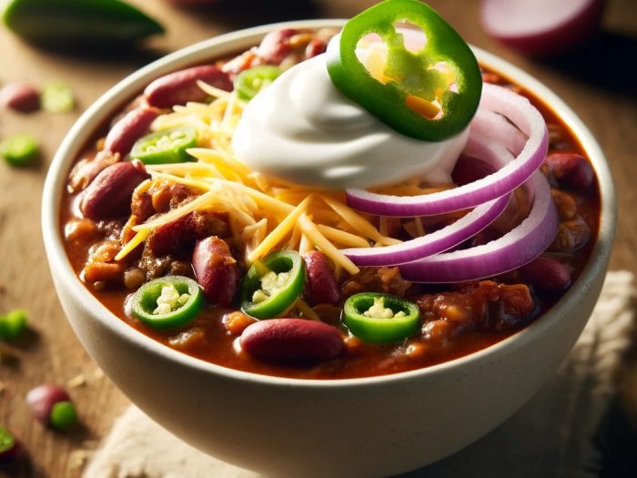 A close-up image of a hearty bowl of Double Barrel Chili, topped with red onion slices, shredded cheese, a dollop of sour cream, and a slice of fresh jalapeño. The chili features rich, flavorful ingredients like beans, ground beef, and diced peppers, styled on a rustic wooden table for a warm, inviting presentation