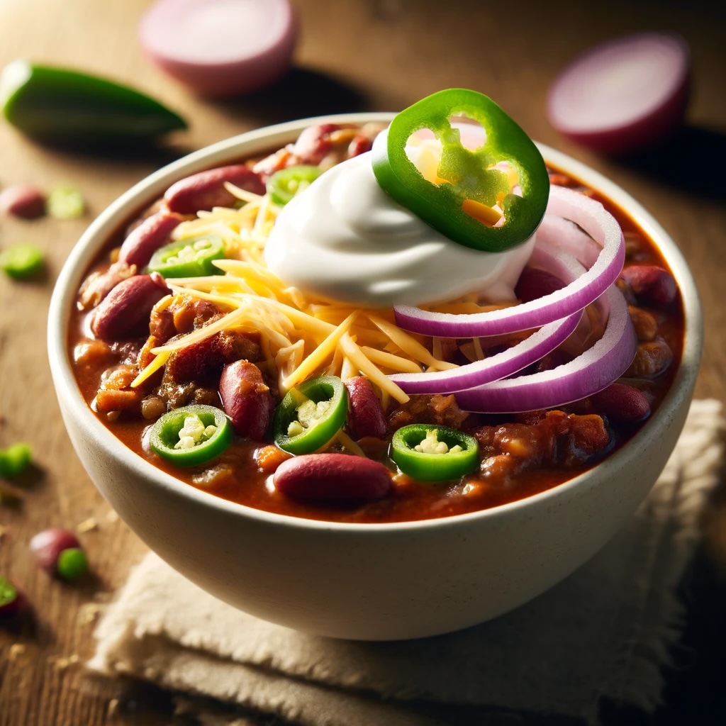 A close-up image of a hearty bowl of Double Barrel Chili, topped with red onion slices, shredded cheese, a dollop of sour cream, and a slice of fresh jalapeño. The chili features rich, flavorful ingredients like beans, ground beef, and diced peppers, styled on a rustic wooden table for a warm, inviting presentation