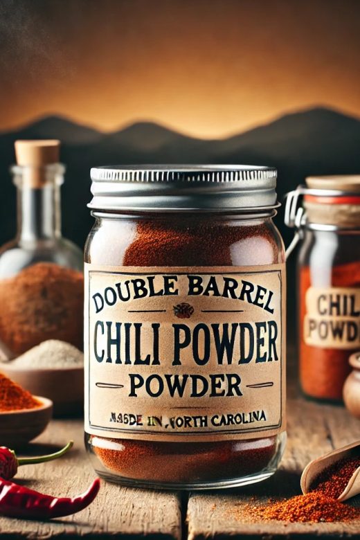 Rustic jar of homemade Double Barrel Chili Powder with a handcrafted label, surrounded by a variety of spices on a wooden table, and subtle Asheville, North Carolina elements in the background.