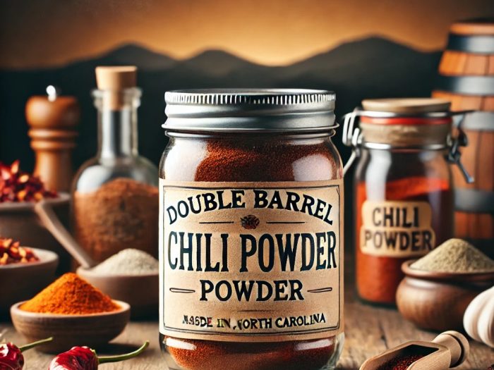 Rustic jar of homemade Double Barrel Chili Powder with a handcrafted label, surrounded by a variety of spices on a wooden table, and subtle Asheville, North Carolina elements in the background.