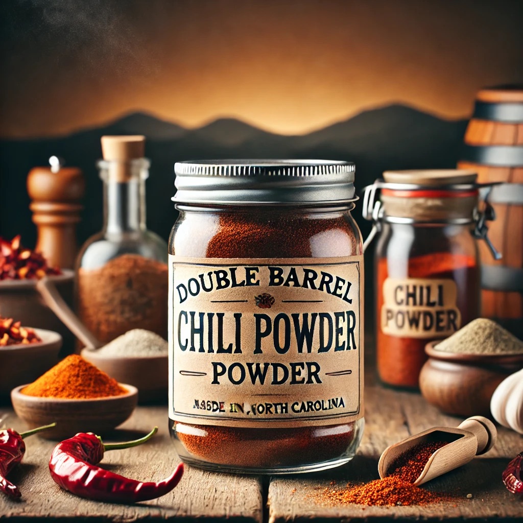 Rustic jar of homemade Double Barrel Chili Powder with a handcrafted label, surrounded by a variety of spices on a wooden table, and subtle Asheville, North Carolina elements in the background.