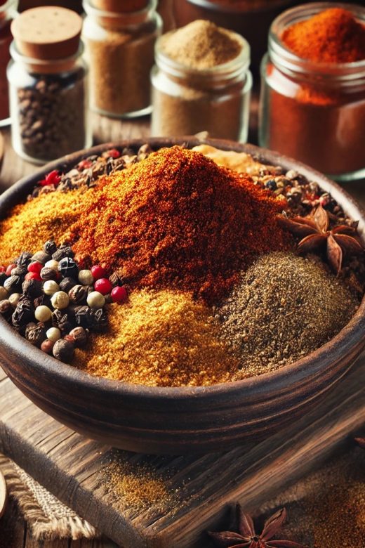 A homemade dry rub mix displayed in a small rustic bowl, surrounded by individual spices like paprika, brown sugar, garlic powder, onion powder, chili powder, and black pepper on a wooden surface. A wooden spoon and barbecue-themed elements complete the scene.