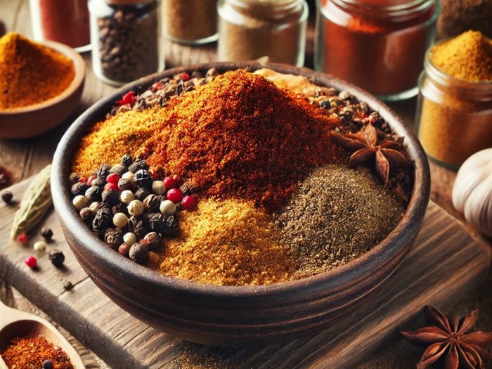 A homemade dry rub mix displayed in a small rustic bowl, surrounded by individual spices like paprika, brown sugar, garlic powder, onion powder, chili powder, and black pepper on a wooden surface. A wooden spoon and barbecue-themed elements complete the scene.