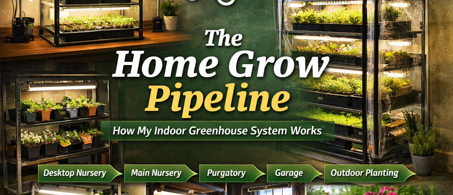 Home indoor greenhouse system showing the grow pipeline from desktop nursery to main nursery, holding rack, garage hardening, and outdoor planting