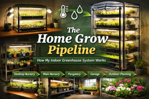 Home indoor greenhouse system showing the grow pipeline from desktop nursery to main nursery, holding rack, garage hardening, and outdoor planting
