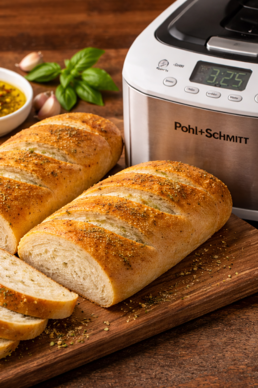 A rectangular loaf of Italian bread shaped from a bread machine, sliced on a wooden board beside a Pohl+Schmitt bread maker with olive oil, herbs, and garlic