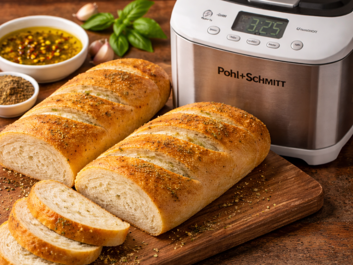 A rectangular loaf of Italian bread shaped from a bread machine, sliced on a wooden board beside a Pohl+Schmitt bread maker with olive oil, herbs, and garlic