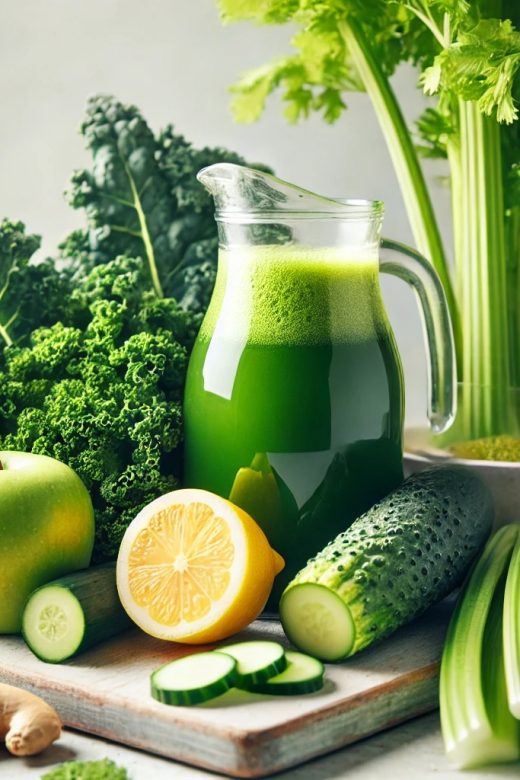 Ingredients for Joe's Mean Green Juice, including kale leaves, a lemon, celery stalks, cucumbers, green apples, and a piece of ginger, arranged on a light wooden surface with natural lighting.