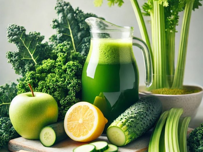 Ingredients for Joe's Mean Green Juice, including kale leaves, a lemon, celery stalks, cucumbers, green apples, and a piece of ginger, arranged on a light wooden surface with natural lighting.