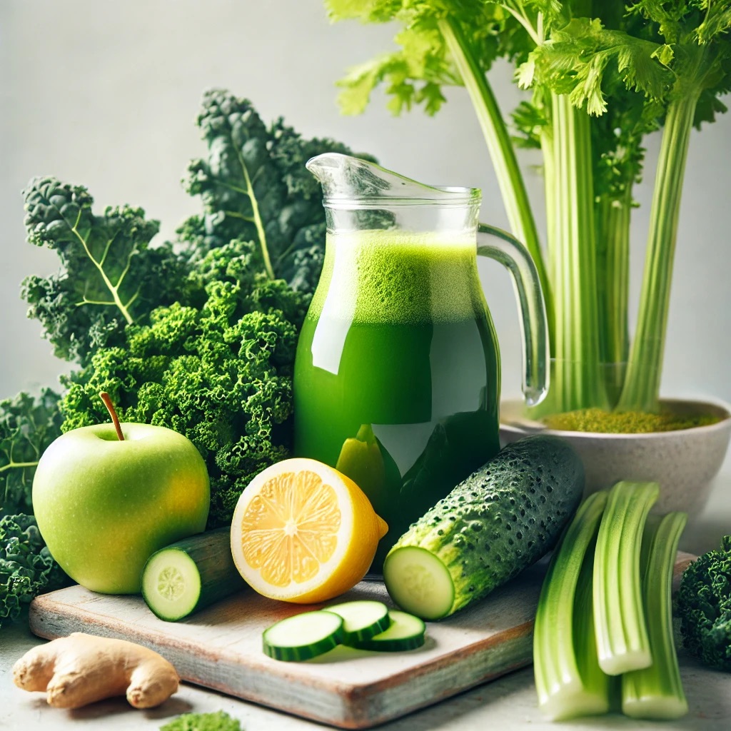 Ingredients for Joe's Mean Green Juice, including kale leaves, a lemon, celery stalks, cucumbers, green apples, and a piece of ginger, arranged on a light wooden surface with natural lighting.