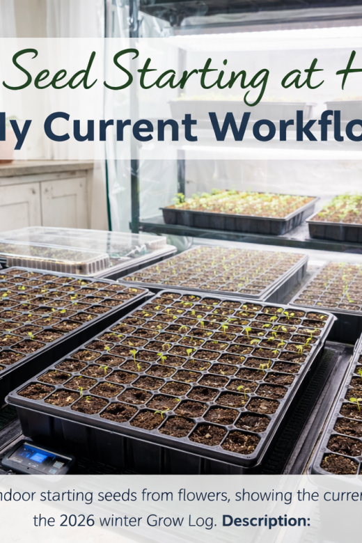 Indoor seed-starting workflow with 72-cell trays, heat mats, and full-spectrum LED grow lights on a tiered greenhouse rack