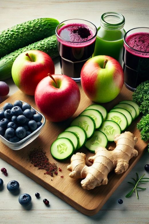 Fresh ingredients for Morning Glory Juice, including 4 apples, 2 cucumbers, 2 cups of blueberries, 4 cups of grapes, 4 kale leaves, and a 2-inch piece of ginger, arranged on a light wooden surface with natural lighting.