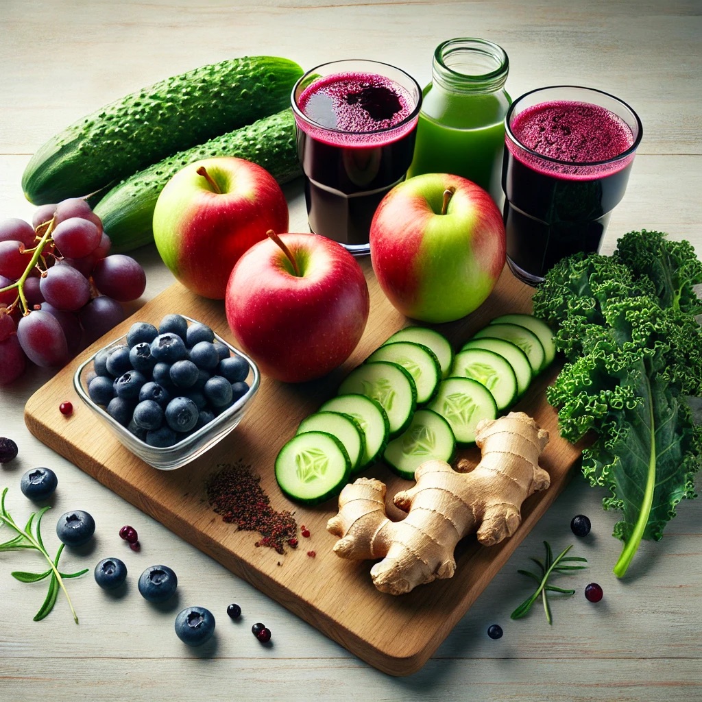 Fresh ingredients for Morning Glory Juice, including 4 apples, 2 cucumbers, 2 cups of blueberries, 4 cups of grapes, 4 kale leaves, and a 2-inch piece of ginger, arranged on a light wooden surface with natural lighting.