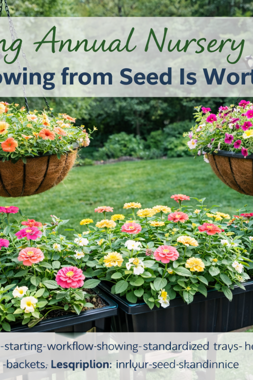 Flowers grown from seed at home arranged in outdoor planters and containers during the summer growing season