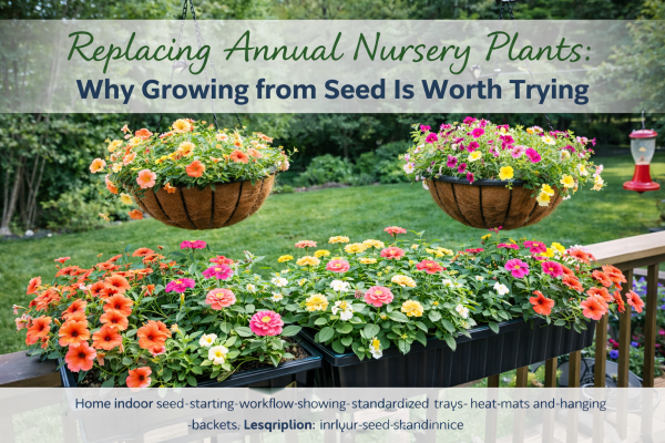 Flowers grown from seed at home arranged in outdoor planters and containers during the summer growing season