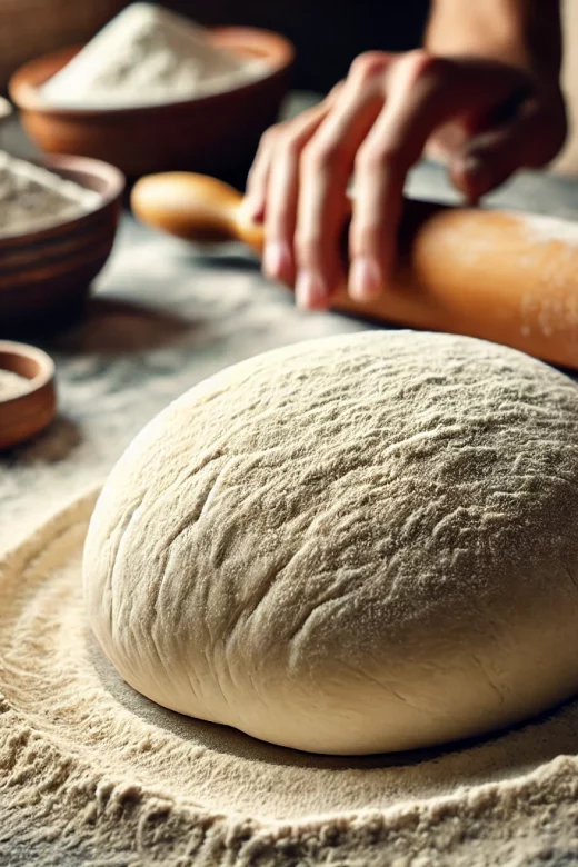 A close-up image of a rustic dough ball being prepared on a floured work surface. The dough is smooth, slightly textured, and dusted with flour, with visible hand kneading marks. Surrounding the dough are scattered flour, a wooden rolling pin, and a few small bowls of ingredients like olive oil and yeast. The background has a warm, artisanal kitchen ambiance, emphasizing the homemade quality of the dough