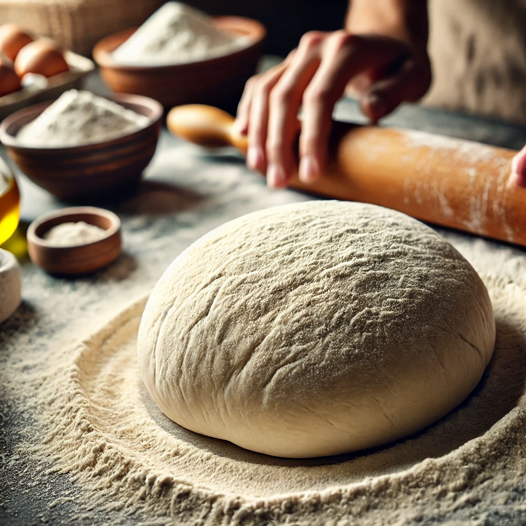 A close-up image of a rustic dough ball being prepared on a floured work surface. The dough is smooth, slightly textured, and dusted with flour, with visible hand kneading marks. Surrounding the dough are scattered flour, a wooden rolling pin, and a few small bowls of ingredients like olive oil and yeast. The background has a warm, artisanal kitchen ambiance, emphasizing the homemade quality of the dough