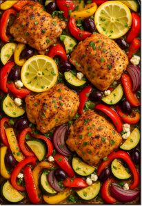 Mediterranean sheet pan chicken with roasted vegetables, feta, and lemon slices on a baking tray.