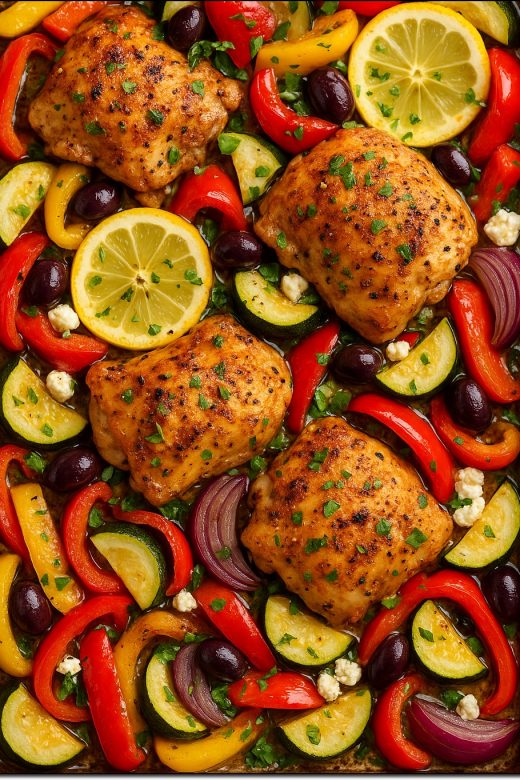 Mediterranean sheet pan chicken with roasted vegetables, feta, and lemon slices on a baking tray.