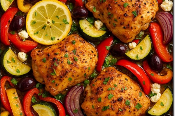 Mediterranean sheet pan chicken with roasted vegetables, feta, and lemon slices on a baking tray.