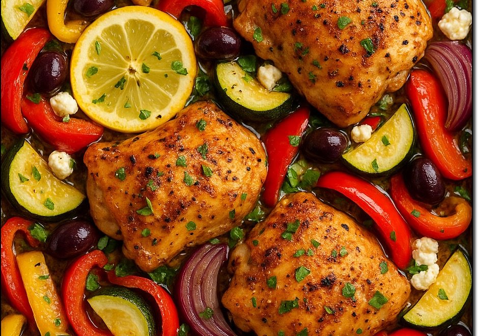 Mediterranean sheet pan chicken with roasted vegetables, feta, and lemon slices on a baking tray.
